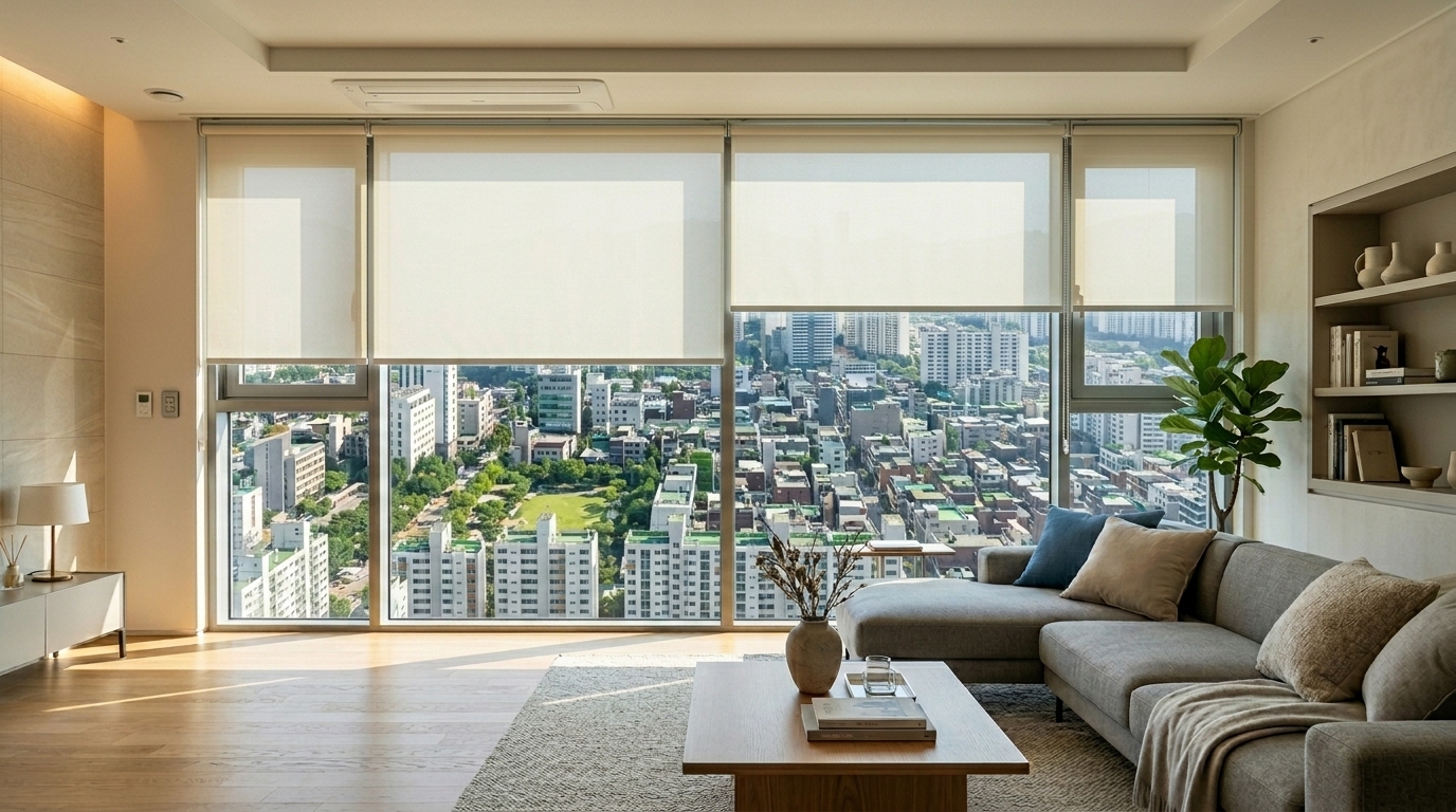 롤스크린이 설치된 높은 층 거실